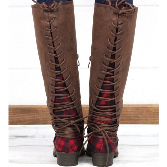 Brown/Red Plaid Corset Lace Up Knee High Boots - Picture 5 of 8